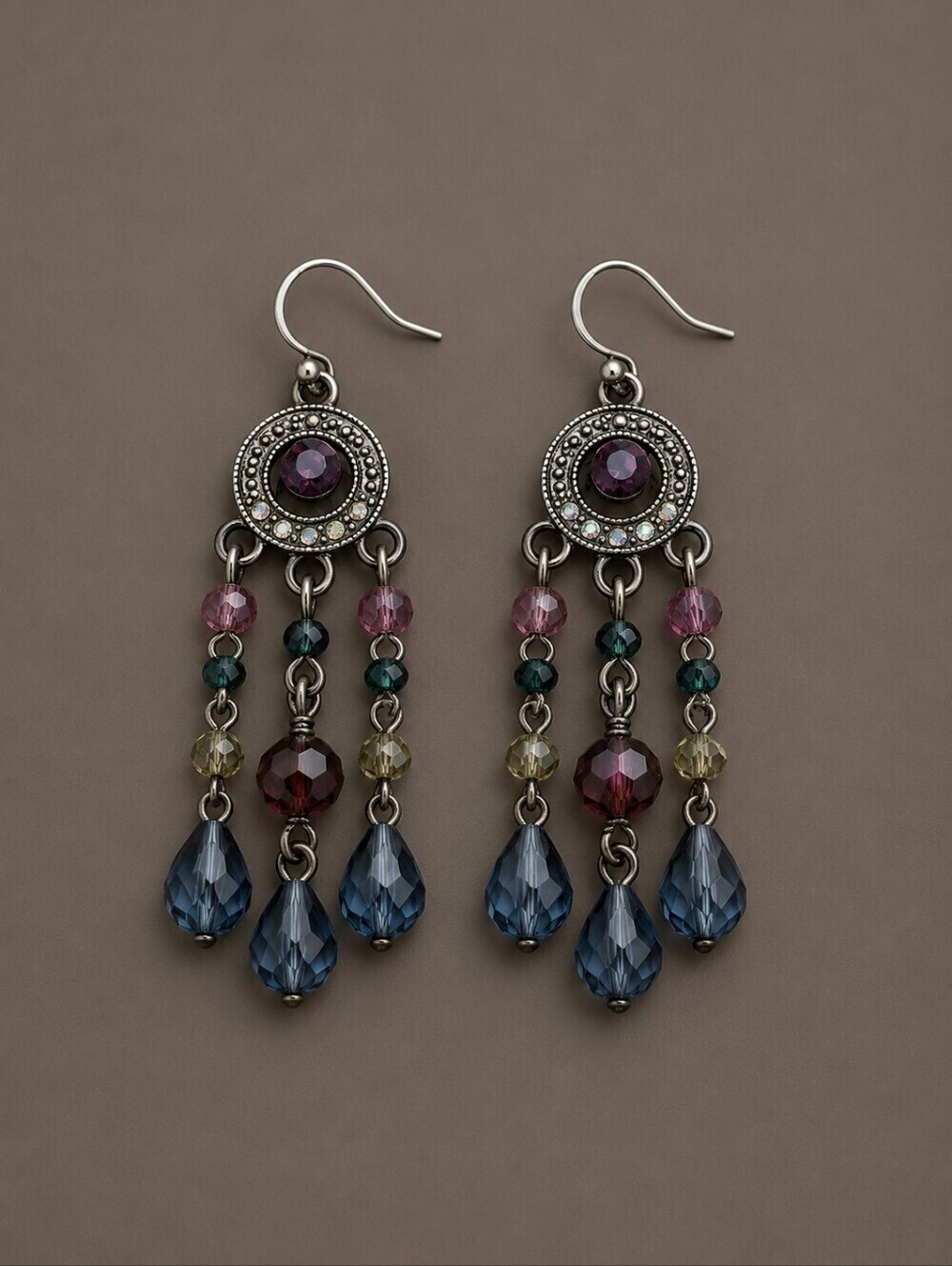 3/$30 VTG Gunmetal Chandalier Beaded Dangle Hook Earrings